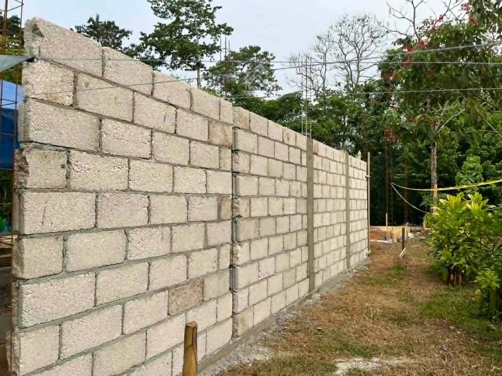 Muro de block de concreto recién levantado en una obra en Veracruz, México, con castillos y vegetación al fondo